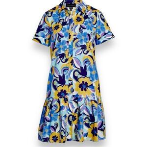 Donna Morgan Vibrant Floral Drop Waist Button-Down Shirt Dress, Sz 4 Blue
